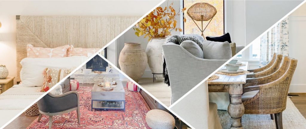Green Front Furniture showroom collage with styled bedroom, living room, and dining spaces in Farmville furniture store.