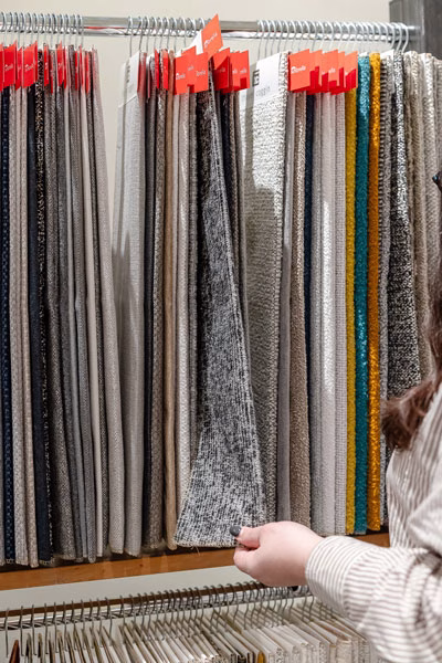 Thayer Coggin custom furniture fabric swatches at a Virginia furniture store.