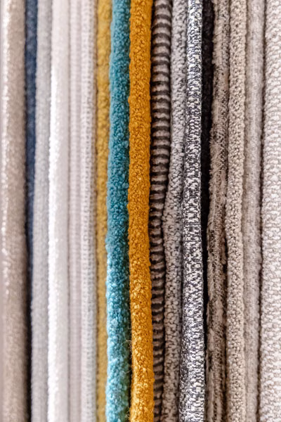 Thayer Coggin custom furniture fabric swatches at a Virginia furniture store.