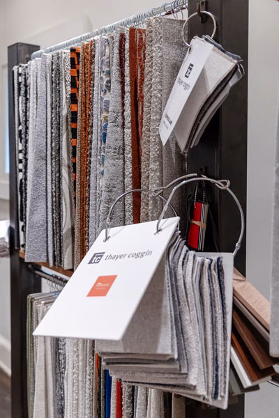 Thayer Coggin custom furniture fabric swatches at a Virginia furniture store.