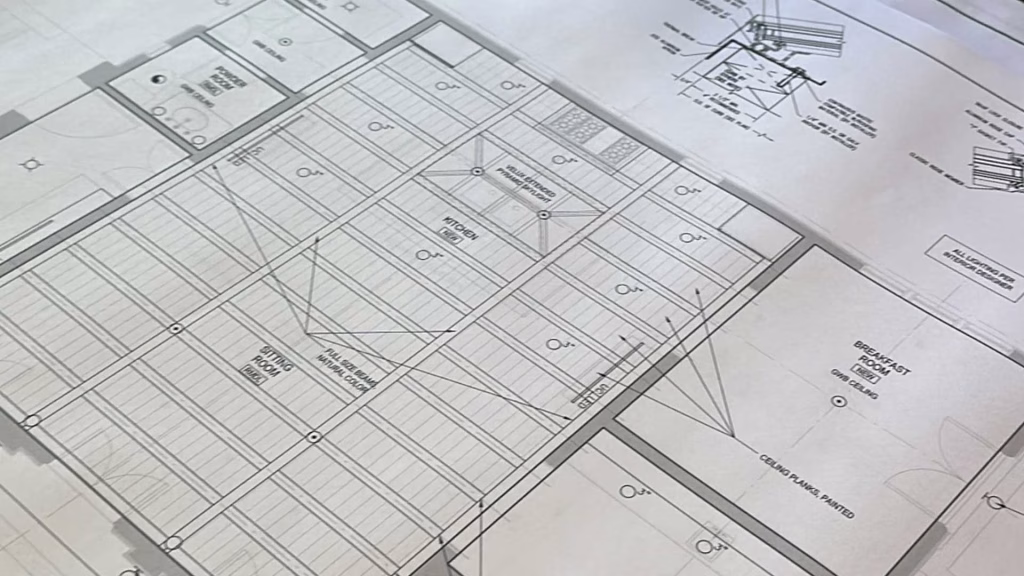 Architectural plans for expanding a historic kitchen.