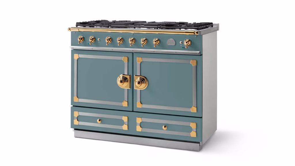 La Cornue range with blue enamel finish and brass hardware luxury kitchen appliance